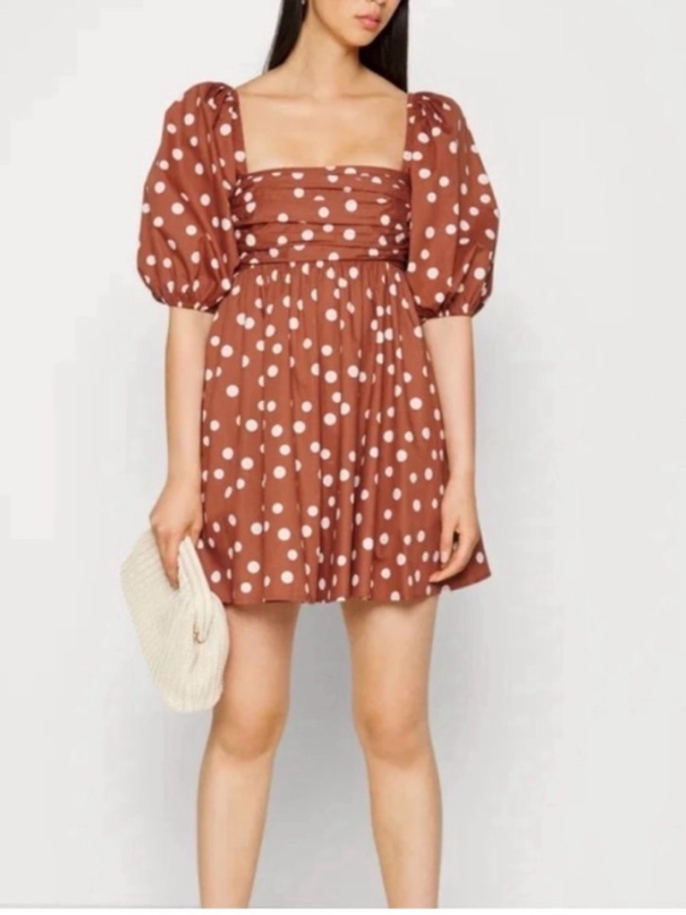 Abercrombie & Fitch Emerson Ruched Polka Dot Puff-Sleeve Mini Dress - Terracotta